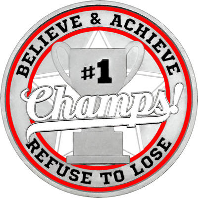 White "Champs!" with Red Outer Circular Borders